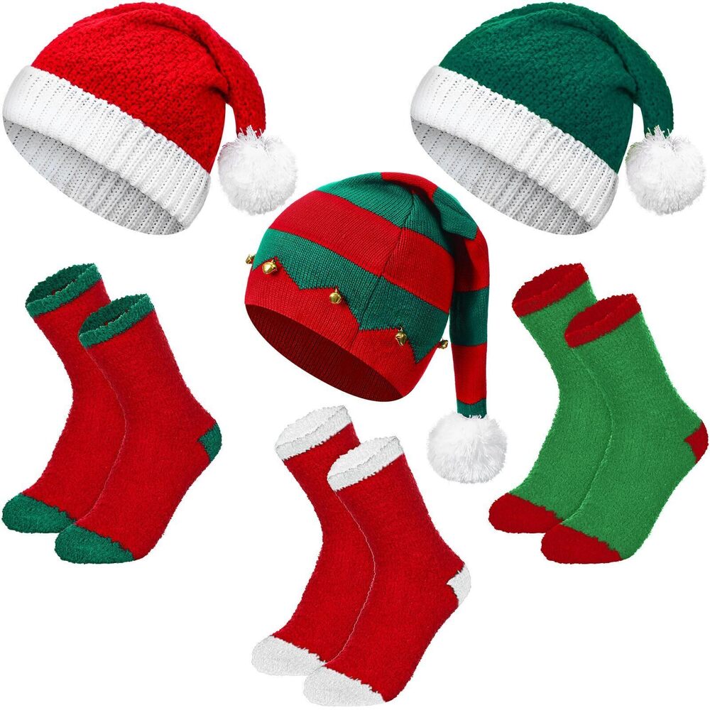 8356 6 Pcs Christmas Hats and Socks Knitted Santa Hats Christmas Fuzzy
